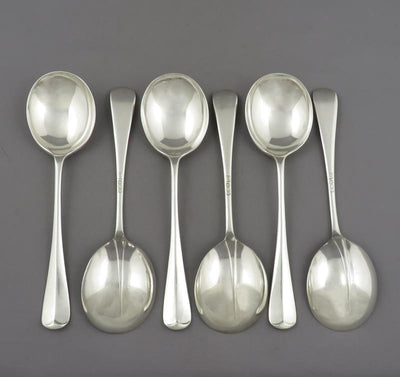 6 English Rat Tail Pattern Soup Spoons - JH Tee Antiques