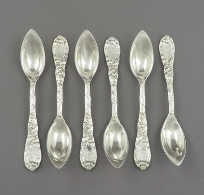 Six Tiffany Chrysanthemum Silver Grapefruit Spoons - JH Tee Antiques