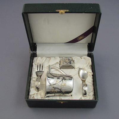 Japanese Silver Mixed Metals Christening Set - JH Tee Antiques