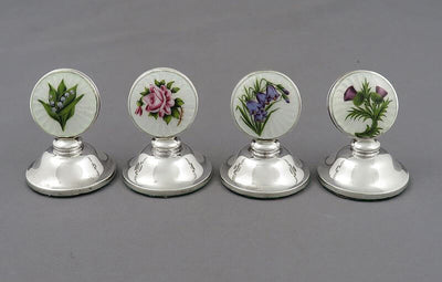English Sterling Silver and Enamel Menu Holders - JH Tee Antiques