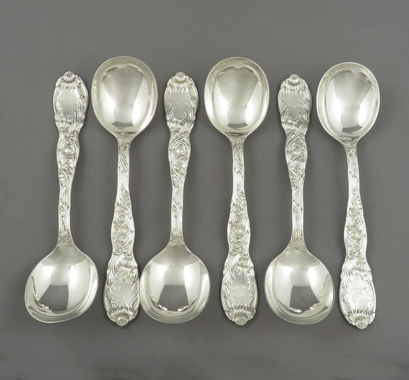 Six Tiffany Chrysanthemum Silver Gumbo Spoons - JH Tee Antiques