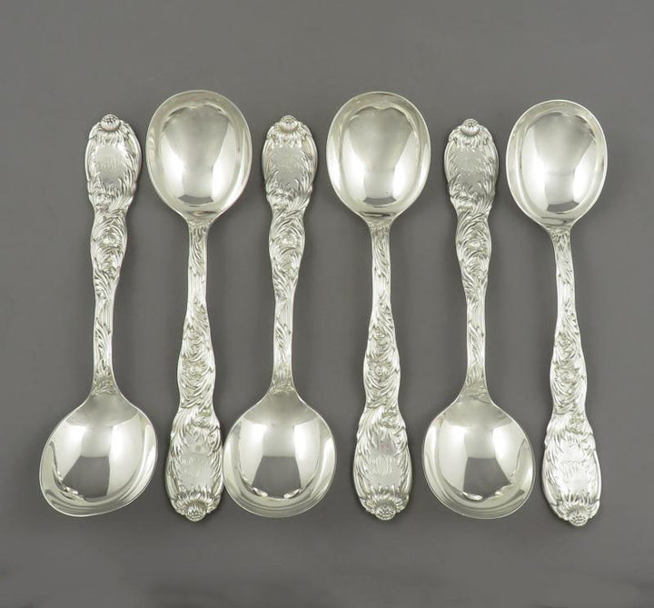 Six Tiffany Chrysanthemum Silver Gumbo Spoons - JH Tee Antiques