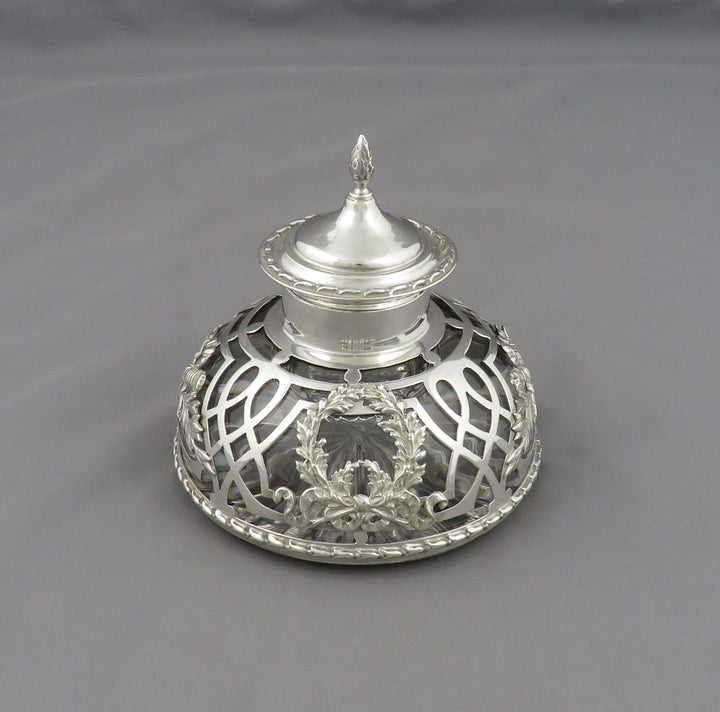 An Edwardian sterling silver overlay glass inkwell by William Gibson &amp;amp; Co, London 1904.
