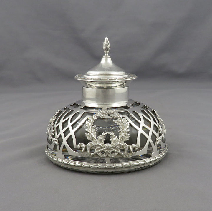 An Edwardian sterling silver overlay glass inkwell by William Gibson &amp;amp; Co, London 1904.