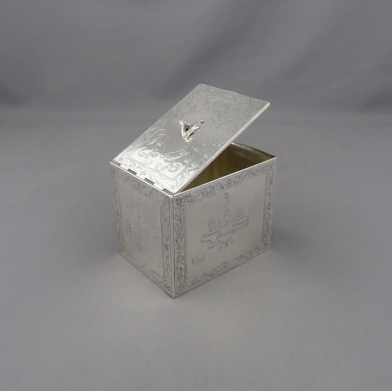 George III Chinoiserie Silver Tea Caddy - JH Tee Antiques