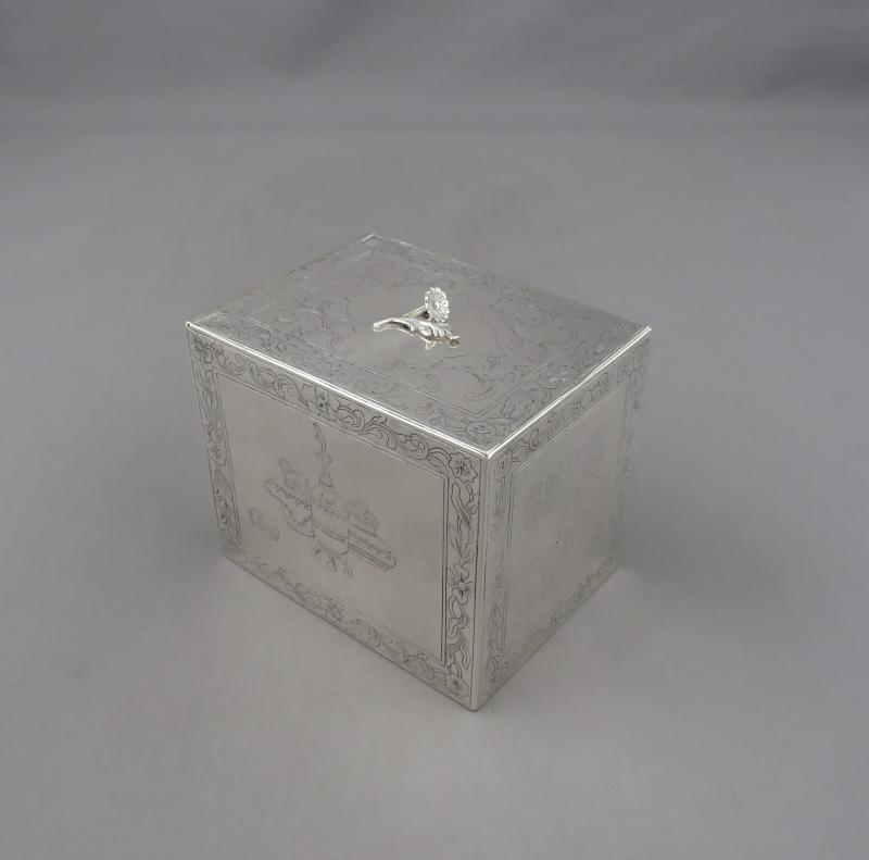 George III Chinoiserie Silver Tea Caddy - JH Tee Antiques