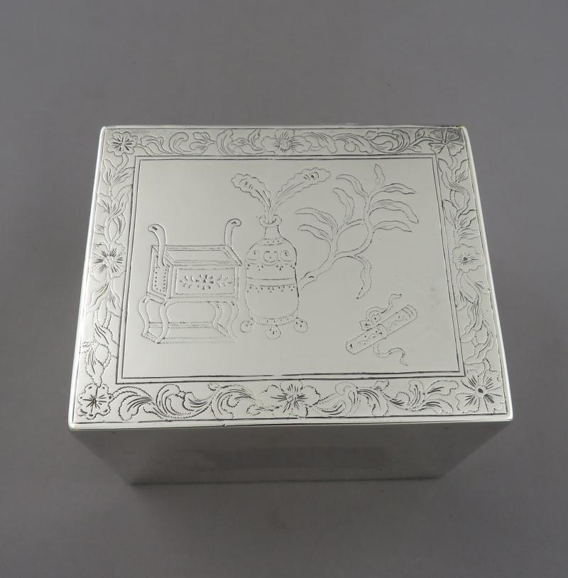 George III Chinoiserie Silver Tea Caddy - JH Tee Antiques