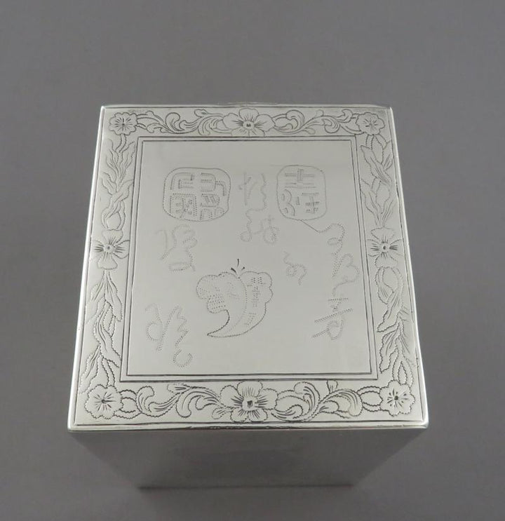 George III Chinoiserie Silver Tea Caddy - JH Tee Antiques