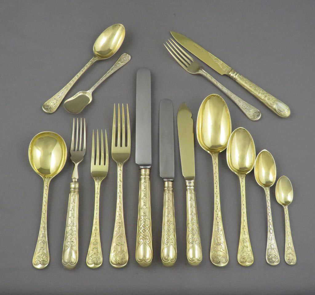 Elizabethan Pattern Silver Gilt Flatware Service for 18 - JH Tee Antiques