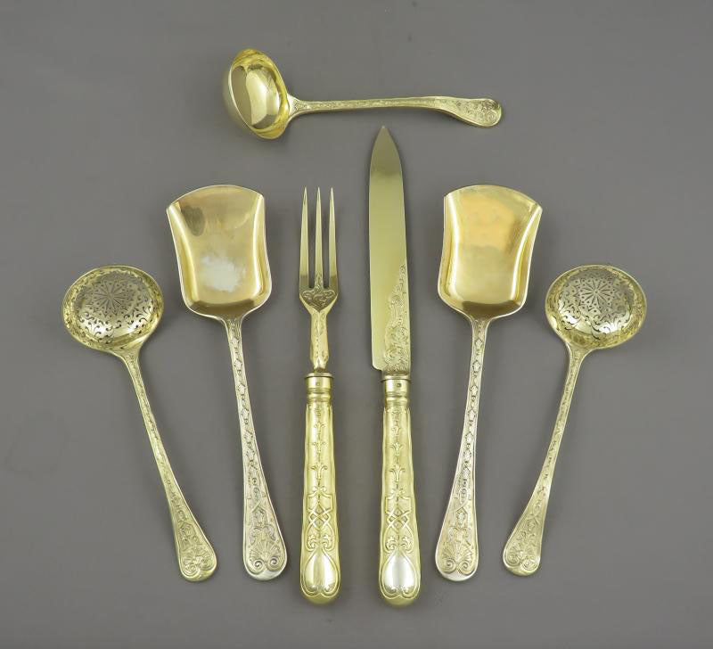 Elizabethan Pattern Silver Gilt Flatware Service for 18 - JH Tee Antiques