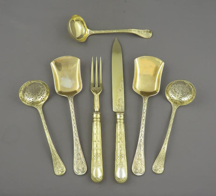 Elizabethan Pattern Silver Gilt Flatware Service for 18 - JH Tee Antiques