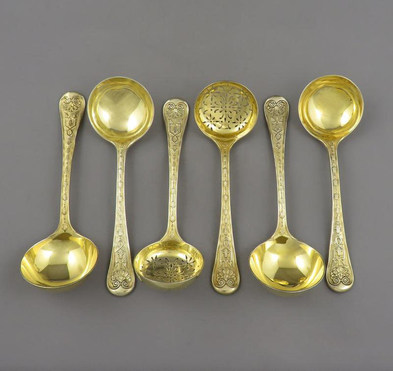 Elizabethan Pattern Silver Gilt Flatware Service for 18 - JH Tee Antiques