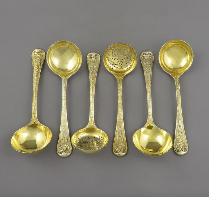 Elizabethan Pattern Silver Gilt Flatware Service for 18 - JH Tee Antiques