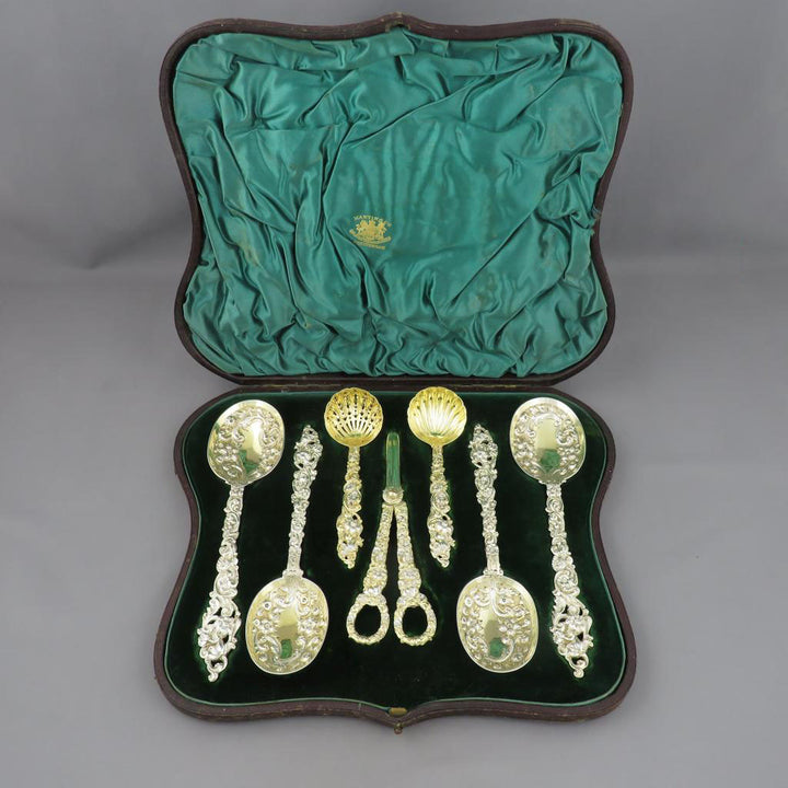Victorian Silver Gilt Dessert Serving Set - JH Tee Antiques