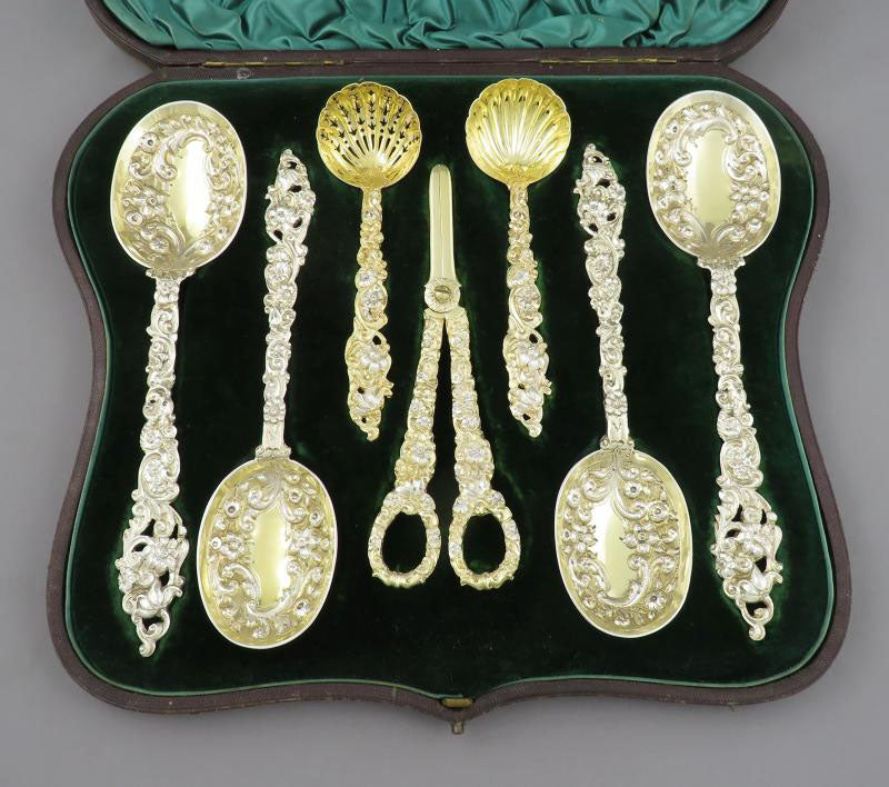 Victorian Silver Gilt Dessert Serving Set - JH Tee Antiques