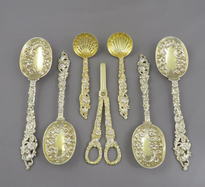 Victorian Silver Gilt Dessert Serving Set - JH Tee Antiques
