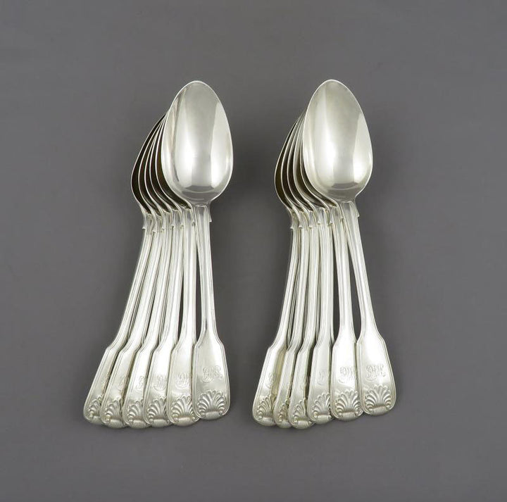 12 Fiddle Thread &amp; Shell Pattern Silver Dessert Spoons - JH Tee Antiques