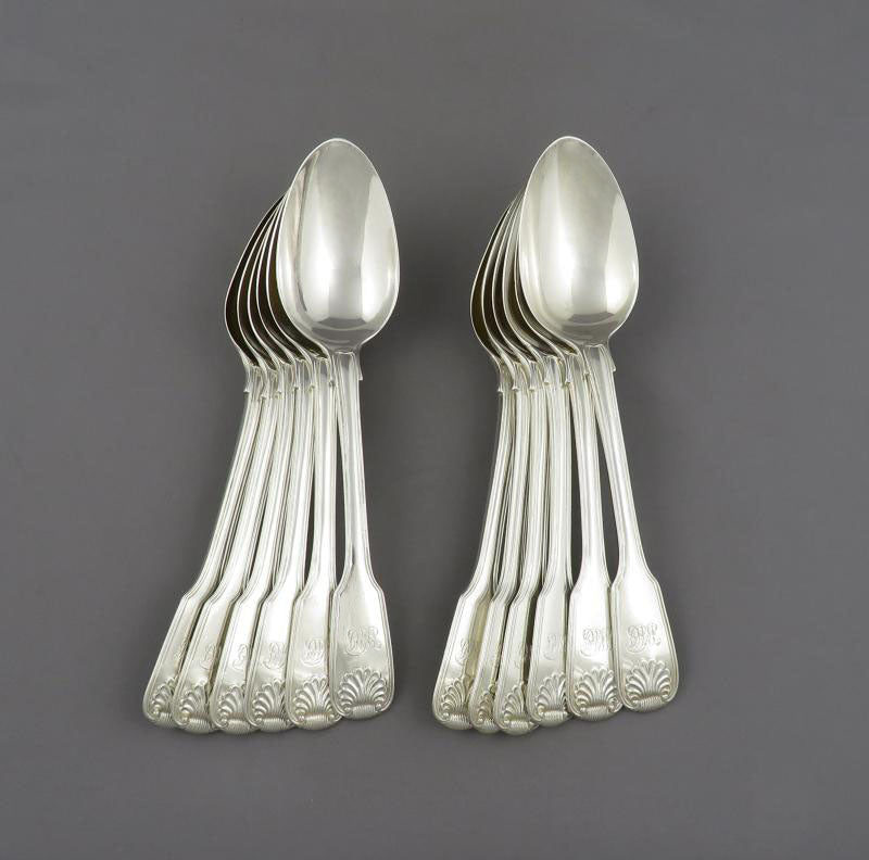 12 Fiddle Thread & Shell Pattern Silver Dessert Spoons - JH Tee Antiques