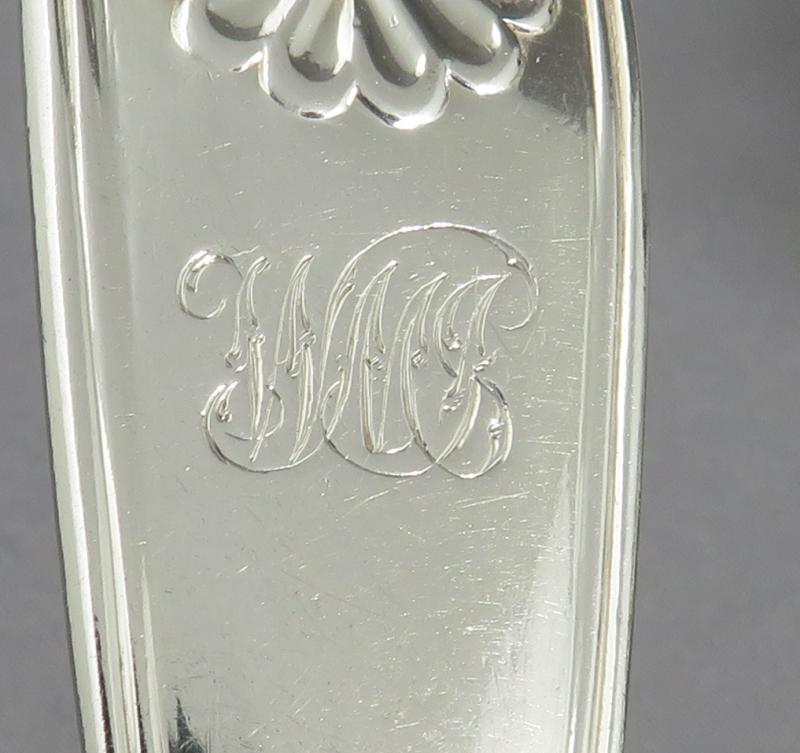 12 Fiddle Thread &amp; Shell Pattern Silver Dessert Spoons - JH Tee Antiques