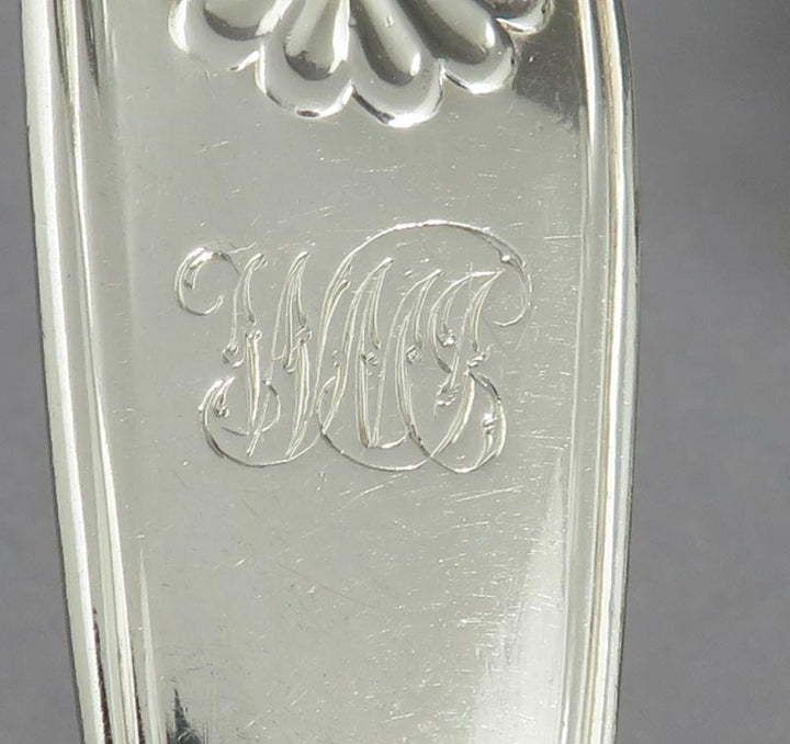 12 Fiddle Thread &amp; Shell Pattern Silver Dessert Spoons - JH Tee Antiques