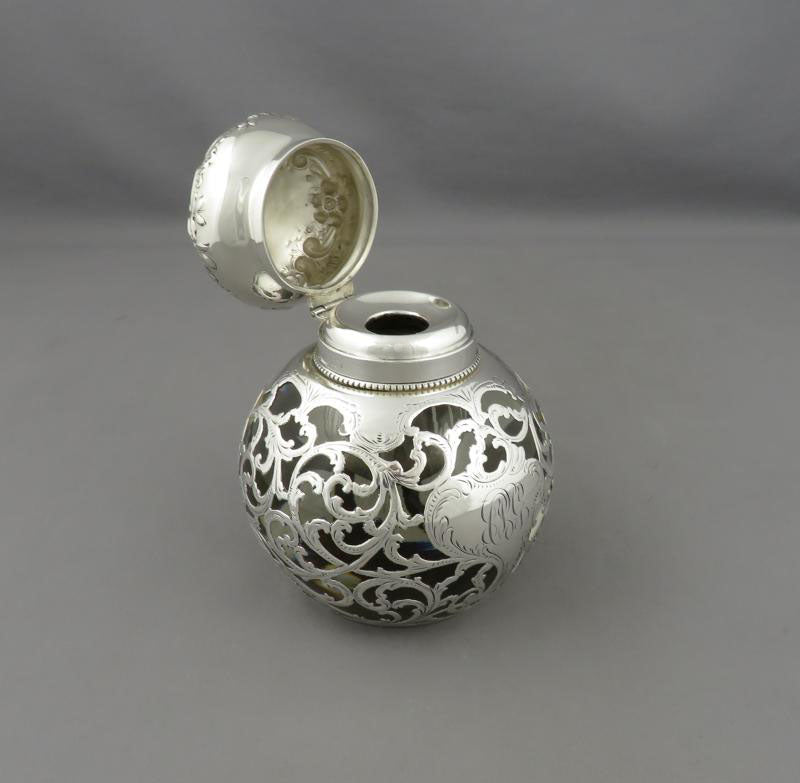 American Silver Overlay Glass Inkwell