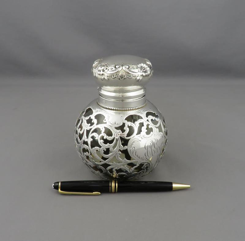 American Silver Overlay Glass Inkwell