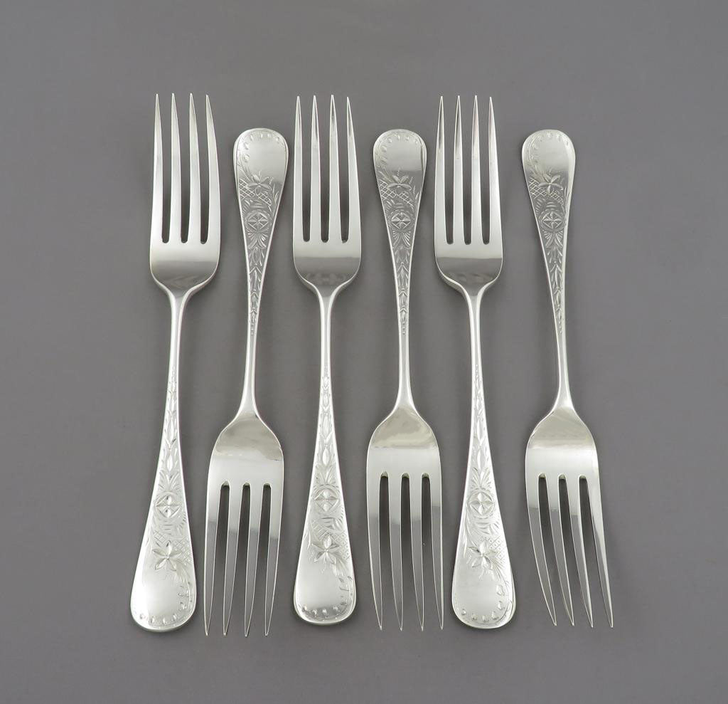 6 Victorian Aethetic Movement Silver Dinner Forks - JH Tee Antiques