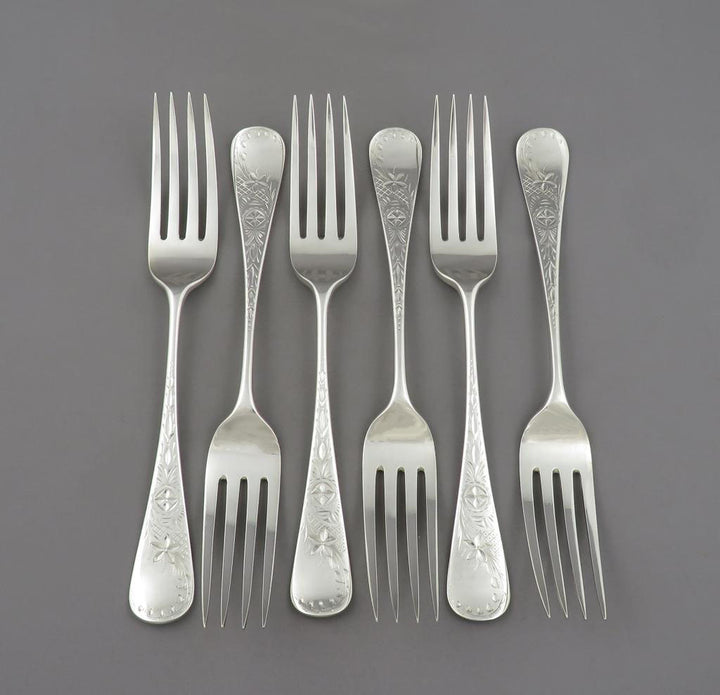 6 Victorian Aethetic Movement Silver Dinner Forks - JH Tee Antiques
