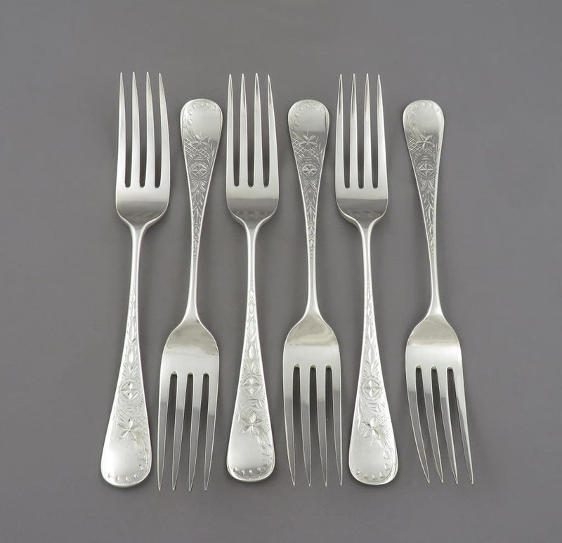 6 Victorian Aethetic Movement Silver Dinner Forks
