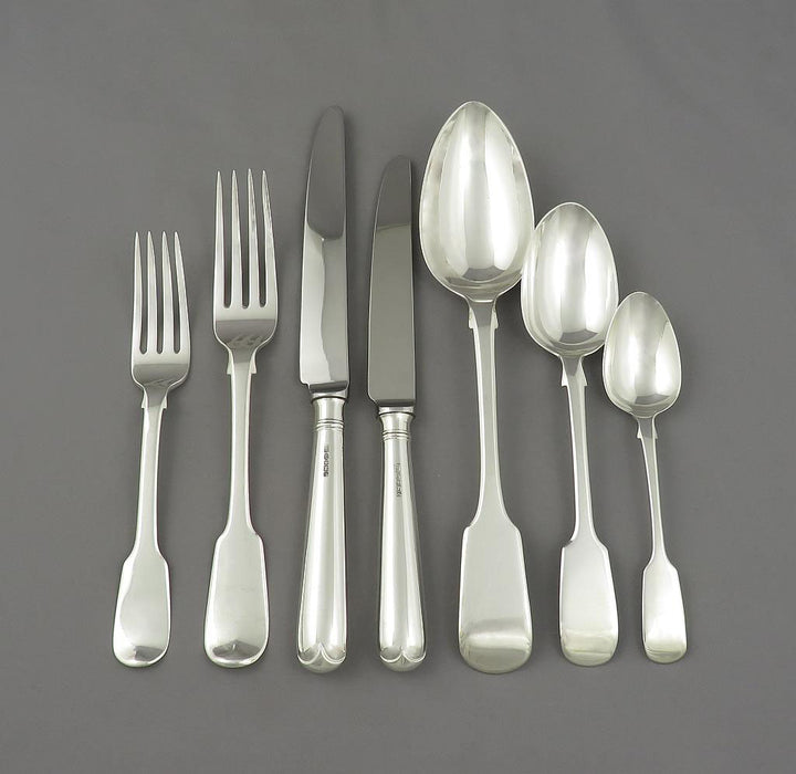 Fiddle Pattern Silver Flatware Service for 12 - JH Tee Antiques