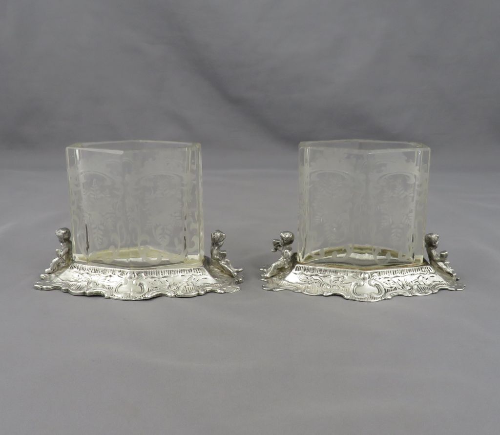 Pair of German Silver &amp; Glass Vase - JH Tee Antiques