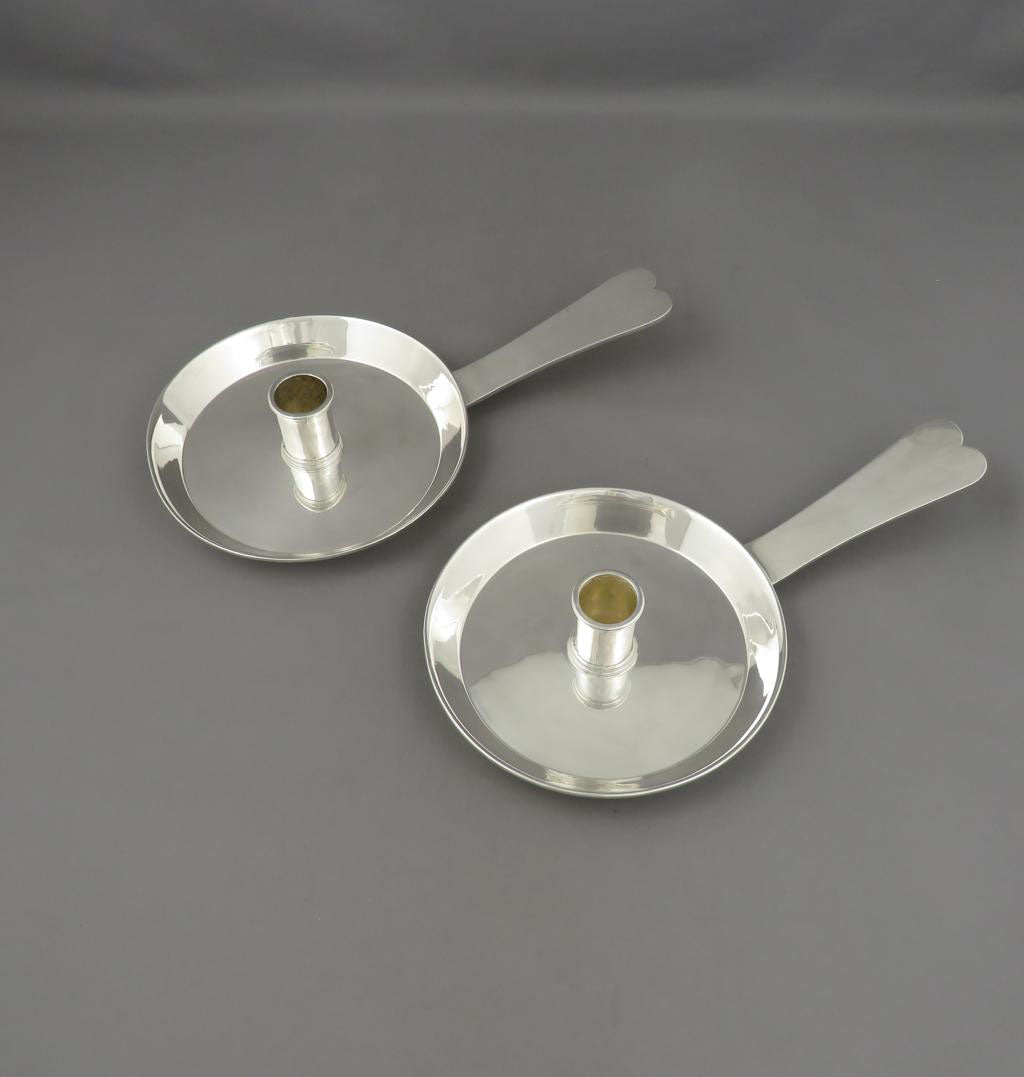 Pair of Arts &amp; Crafts Silver Chambersticks - JH Tee Antiques