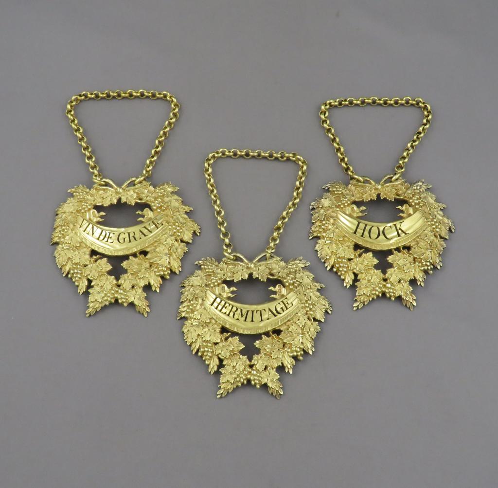 Set of 3 Benjamin Smith Silver Gilt Wine Labels - JH Tee Antiques