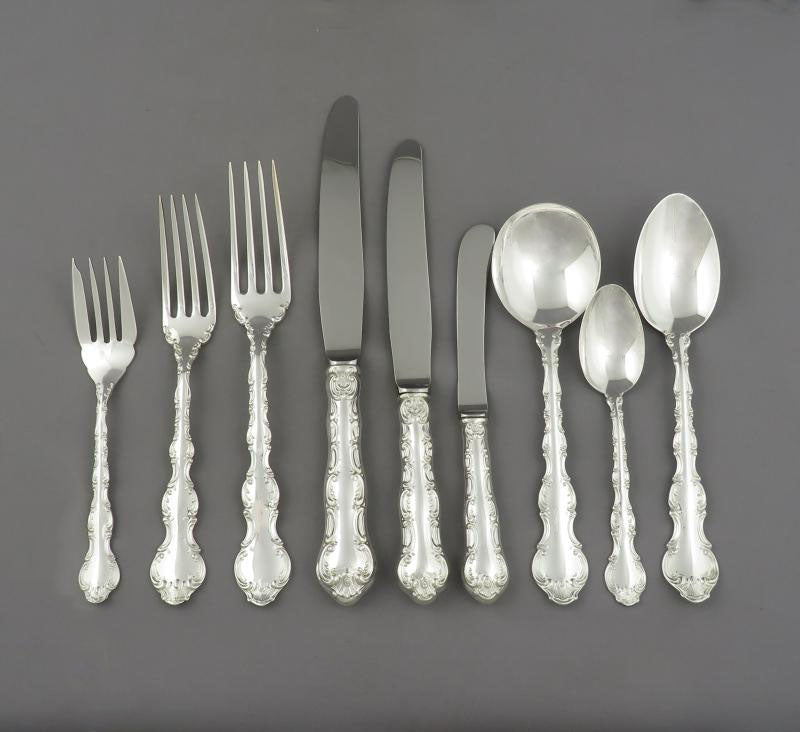 Birks Pompadour Pattern Sterling Flatware Service for 12 - JH Tee Antiques