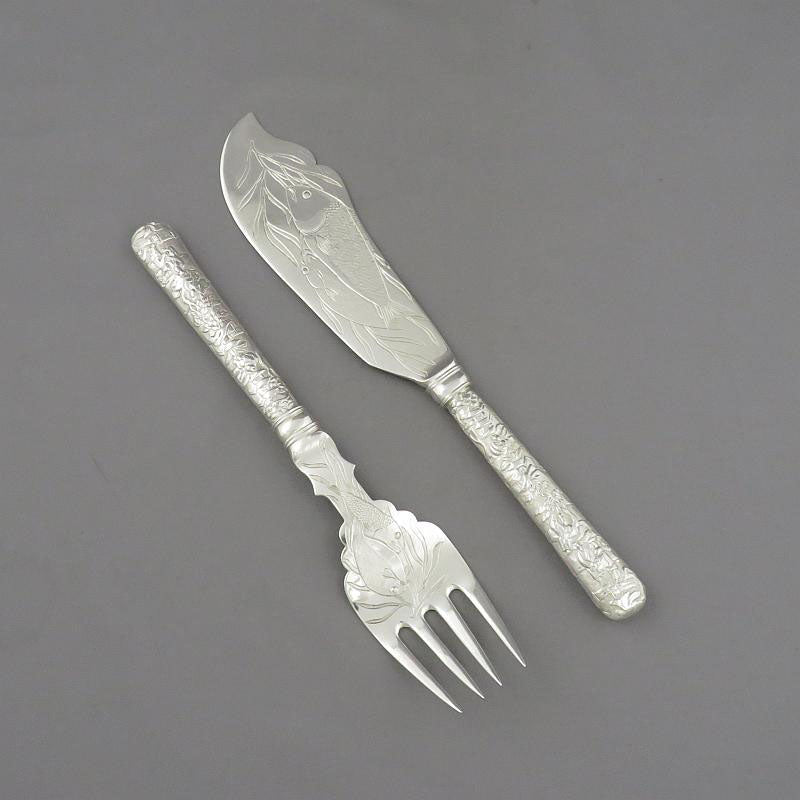 Chinese Export Silver Fish Servers with Figural Handles - JH Tee Antiques