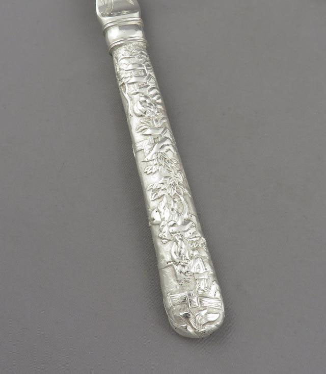 Chinese Export Silver Fish Servers with Figural Handles - JH Tee Antiques