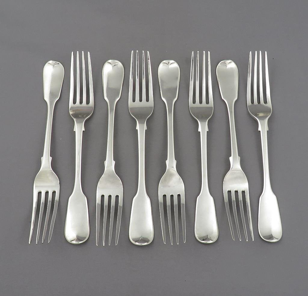 8 George IV Sterling Silver Fiddle Dessert Forks - JH Tee Antiques