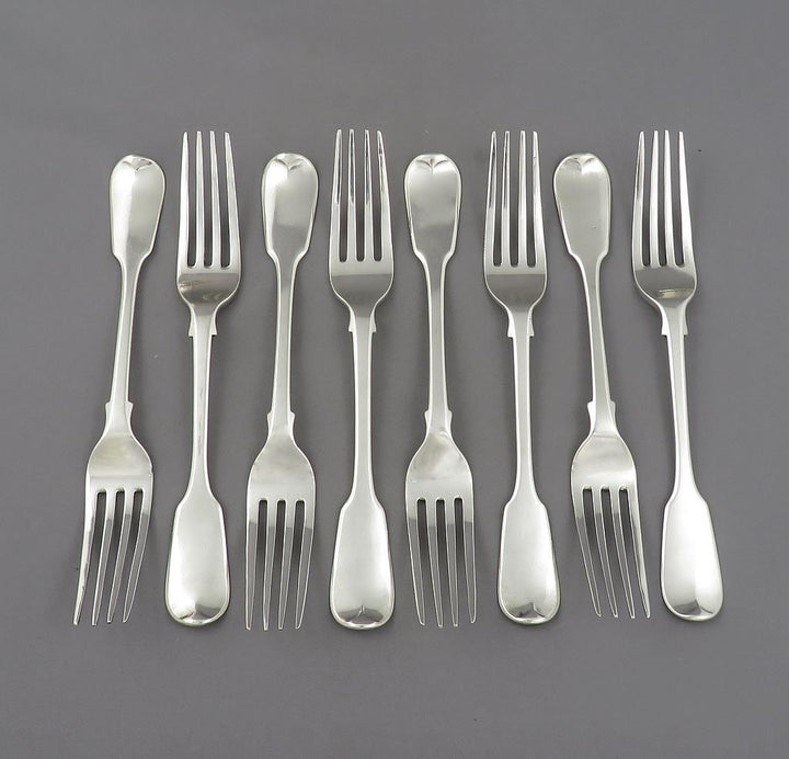 8 George IV Sterling Silver Fiddle Dessert Forks - JH Tee Antiques