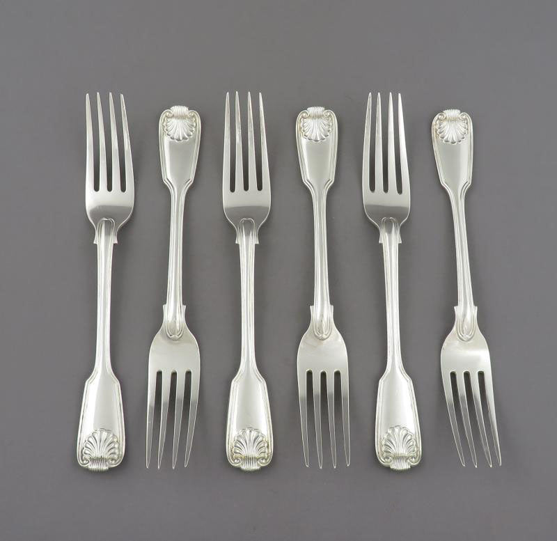 George Adams Fiddle Thread &amp; Shell Silver Dessert Forks - JH Tee Antiques