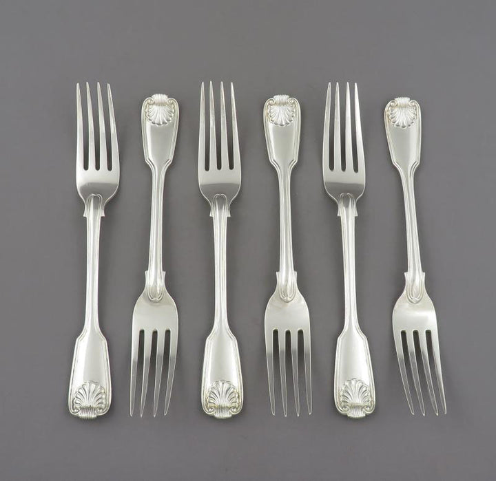 George Adams Fiddle Thread &amp; Shell Silver Dessert Forks - JH Tee Antiques