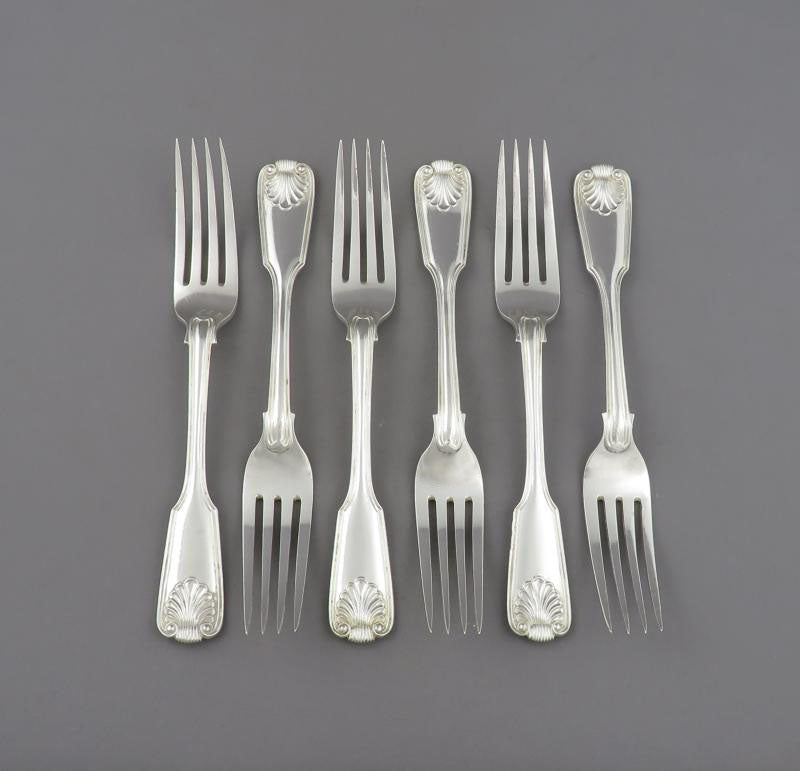 6 Sterling Silver Fiddle Thread &amp; Shell Dessert Forks - JH Tee Antiques