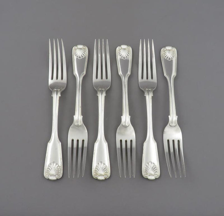 6 Sterling Silver Fiddle Thread &amp; Shell Dessert Forks - JH Tee Antiques