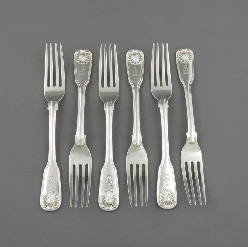 6 Sterling Silver Fiddle Thread & Shell Dessert Forks