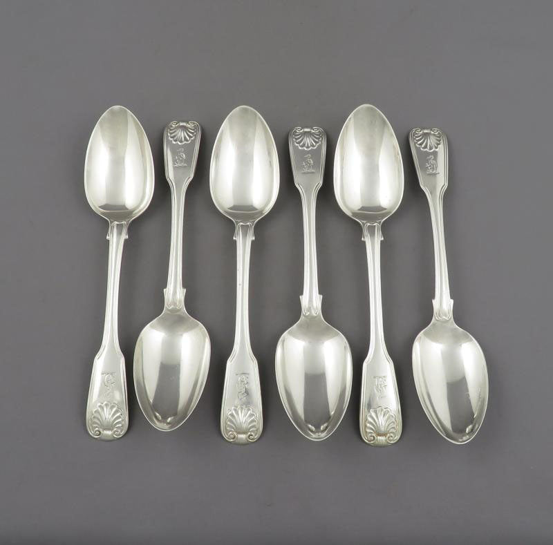 6 Sterling Silver Fiddle Thread & Shell Dessert Spoons