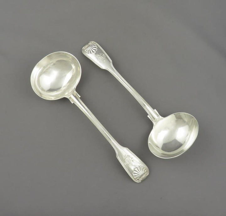 Victorian Silver Fiddle Thread &amp; Shell Gravy Ladle - JH Tee Antiques
