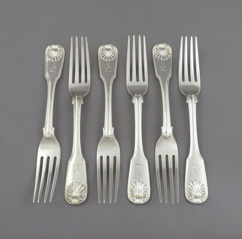 6 Sterling Silver Fiddle Thread & Shell Table Forks