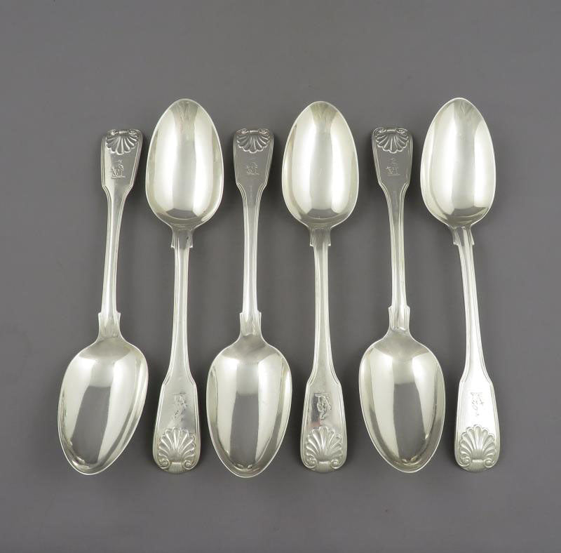 6 Sterling Silver Fiddle Thread & Shell Table Spoons - JH Tee Antiques