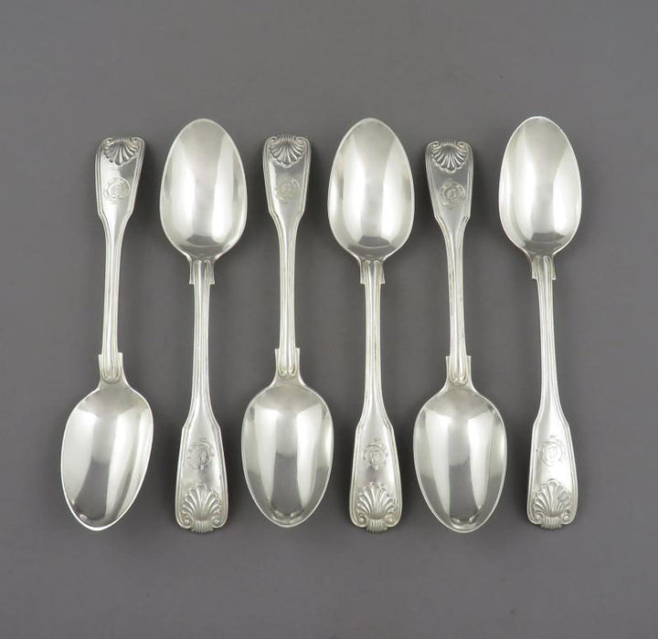 6 Sterling Silver Fiddle Thread &amp; Shell  Teaspoons - JH Tee Antiques