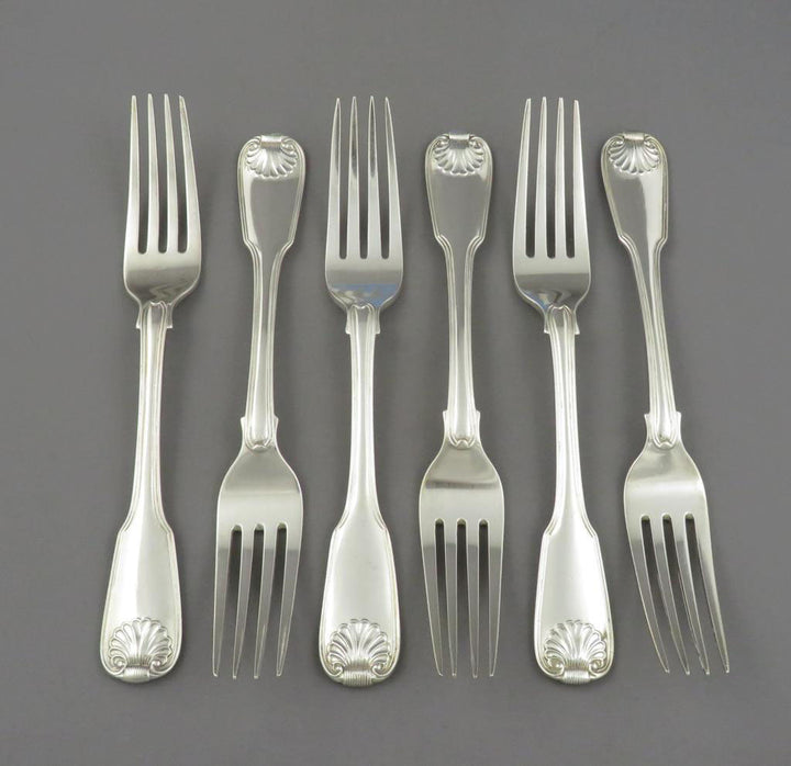 6 Fiddle Thread &amp; Shell Pattern Silver Dinner Forks - JH Tee Antiques