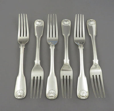 6 Fiddle Thread & Shell Pattern Silver Dinner Forks - JH Tee Antiques